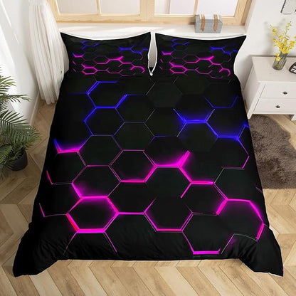 3D Honeycomb Duvet Cover Set King Size,Hexagon Theme with Pink Blue Neon Lights Comforter Cover,Boys Teen Man Chic Creative Home Bedding Quilt Cover 3 Piece with 2 Pillowcases,Black
