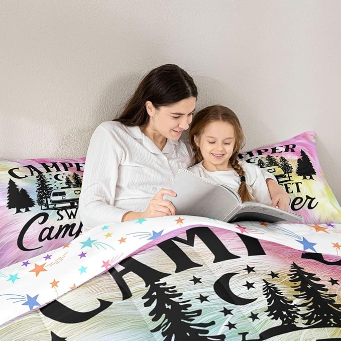 Feelyou Camper Comforter Set Kids Farmhouse Happy Camping Bedding Set Full Women Men Pink Cow Fur Print Decor Comforter Soft Rustic Camper Van Quilt Boys