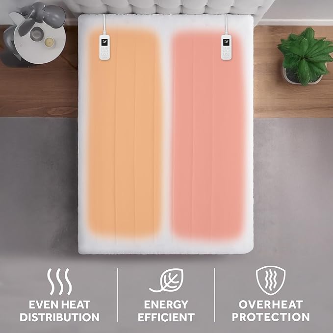 Sunbeam Electric Heated Mattress Pad Restful Quilted Extra-Cozy Fabric 12 Heat Settings 12-Hour Auto Shut-Off Deep Pocket Fit Machine Washable Queen 80" x 60"