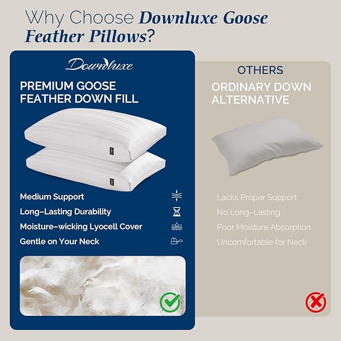 downluxe Goose Feather and Down Pillows - 2 Pack Gusseted Hotel Collection Feather Pillows Set of 2 for Back, Stomach or Side Sleepers, Queen Size (18"x26"x2")