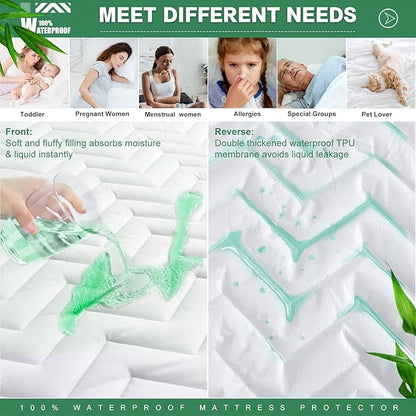 Unilibra Queen Size Waterproof Mattress Pad Rayon Made from Bamboo, Quilted Breathable Mattress Protector, 6''-25'' Deep Pocket Fitted Mattress Cover White