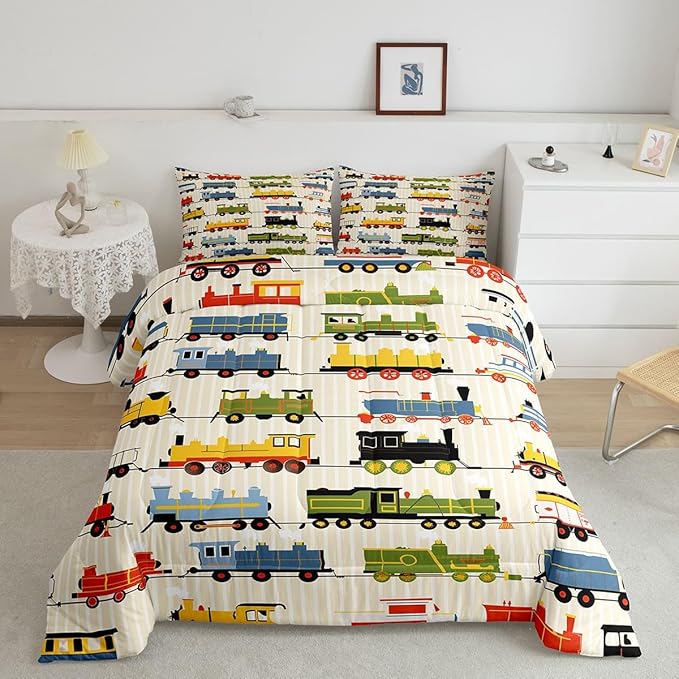Erosebridal Kids Train Comforter Set - Toddler Size for Boys & Girls - Colorful Steam Engine Bedding Sets - Cartoon Train Transportation Locomotive Train Comforter with 1 Pillowcase, Beige