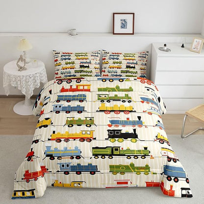 Erosebridal Kids Train Comforter Set - Full Size for Boys & Girls - Colorful Steam Engine Bedding Sets - Cartoon Train Transportation Locomotive Train Comforter with 2 Pillow Cases, Beige