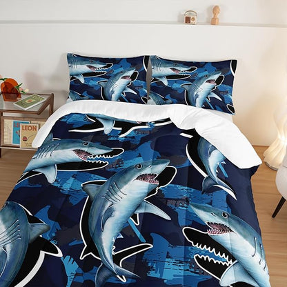 HOSIMA Blue Shark Bedding Set for Adults Kids,Cartoon Shark Pattern Comforter Set King Size for Boys,Blue Ocean Animal Themed Comforter Set for Boys Room Decorate with 2 Pillowcases.