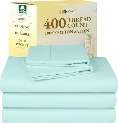 California Design Den Split King Sheets Sets for Adjustable Bed - Soft 400 Thread Count Sateen, Natural 100% Cotton Sheets with Deep Pockets, Breathable, and Durable Bedding Set - Seafoam