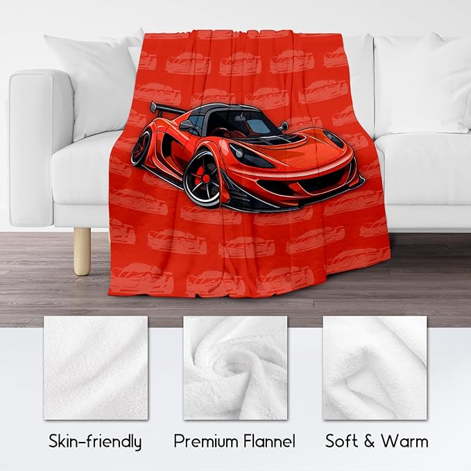 Racing Car Blanket, Cozy Soft Throw Gifts for Kids, Cute Red Flannel Throw Blankets for Bed Travel, 50x60 Inches