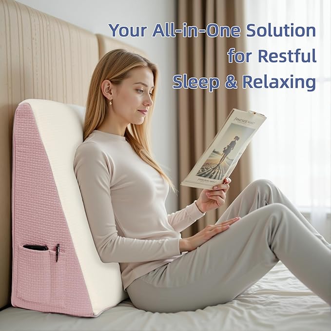Wedge Pillow for Headboard, 7.5’’ Triangle Elevated Bed Wedge Pillow for Acid Reflux Relief, Sleeping, Post Surgery, Back Pain Relief, Snoring, Soft Memory Foam Top & Washable Breathable Cover, Pink