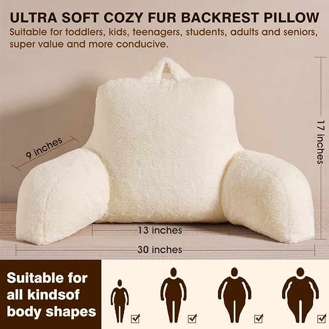 Faux Fur Reading Pillow for Bed/Couch/Floor/Dorm, Great Cozy Back Pillow for Bed Sitting Up, Fluffy Fur Bed Pillow for Sitting Up for Adults/Teens/Kids, Upgrade Back Support Pillow, Ivory