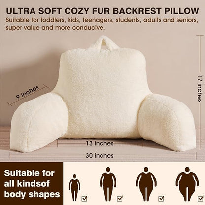 Faux Fur Reading Pillow for Bed/Couch/Floor/Dorm, Great Cozy Back Pillow for Bed Sitting Up, Fluffy Fur Bed Pillow for Sitting Up for Adults/Teens/Kids, Upgrade Back Support Pillow, Ivory