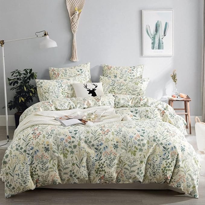 Floral Duvet Cover Full Size Boho Aesthetic Green Botanical Bedding Set with Colorful Flower Print Pattern 3 Pcs Soft Microfiber Comforter Cover with Zipper Ties Garden Style