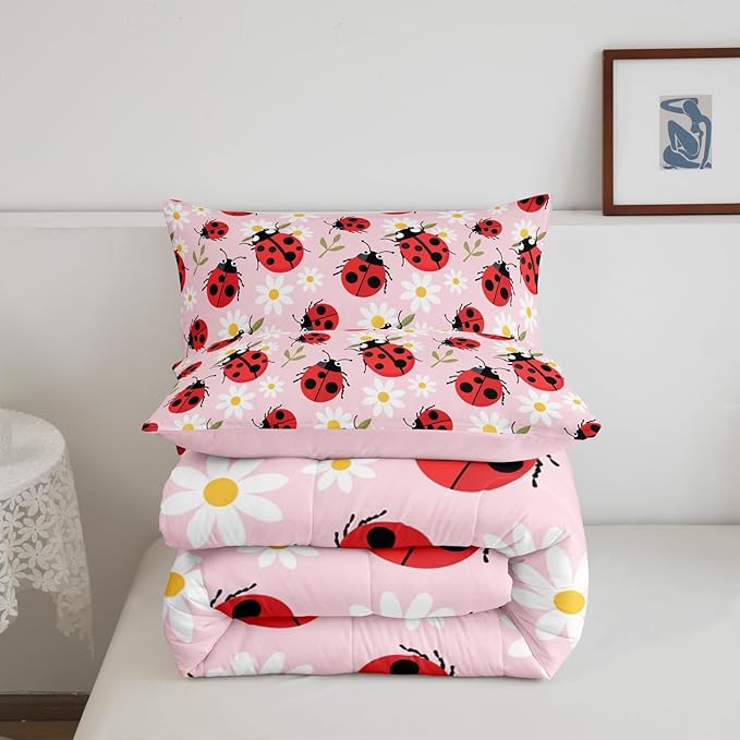 Cute Ladybug Comforter Set King Size Cartoon Dasiy Flower Bedding Set Kids Boys Girls Wild Animal Theme All Season Quilt Set Green Botanical Leaves Bedding Comforter Sets,3Pcs