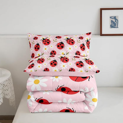 Cute Ladybug Comforter Set Toddler Size Cartoon Dasiy Flower Bedding Set Kids Boys Girls Wild Animal Theme All Season Quilt Set Green Botanical Leaves Bedding Comforter Sets,2Pcs