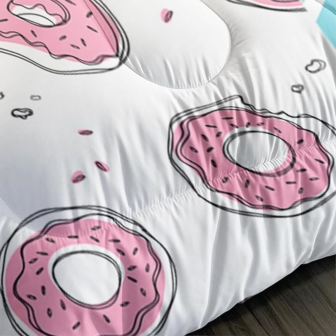 Pink Comforter Queen Size,Cute Cartoon Axolotl Bedding Set Donut Dessert Pattern Comforter Set for Children Teens Girls Bedroom Decor Aesthetic,Lovely Style Comforter Set with 2 Pillowcases.