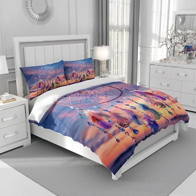 Twin Size Duvet Cover Bedding Set for Summer Cooling Comforter Cover Soft Quilts Duvet Cases Bedroom Set Boho Dreamcatcher Sunrise/Sunset Native American Feathers Beads,Twin