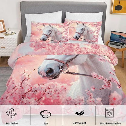 White Horse Quilts Bedding Twin 3Pcs Pink Chic Cherry Blossoms Bed Set Wild Animal Rustic Farmhouse Horse Pattern Bedspread Coverlet with 2 Pillowcases for Kid Boy Girl Teen Adult Room Decor