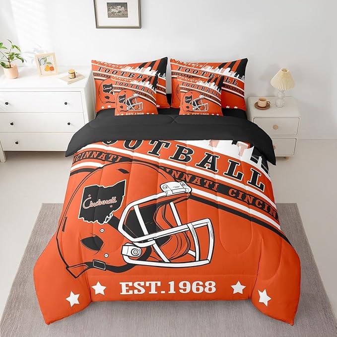Erosebridal King Size Football Kids Comforter Set City Seasonal Color Gridiron Bedding, Rugby Sports Helmets Comforter + Flat Sheet + Fitted Sheet + 2 Pillowcases + 2 Throw Pillow Covers