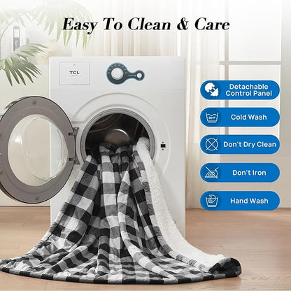 Westinghouse Full Size Heated Blanket Electric Blanket, Flannel & Sherpa Heating Blanket with10 Heating Levels & 1 to 12 Hours Heating Time Settings, Fast Heating Blanket Black Plaid, 72x84 Inches