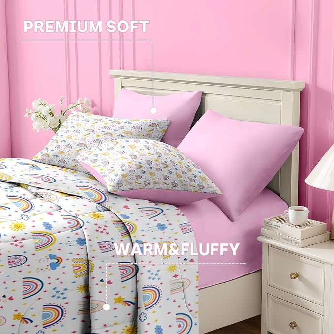 Nesker 7 Pcs Comforter Set Queen Size, Colorful Cartoon Bedding for Kids Teen, Cute Boho Rainbow with Fitted Sheet 2 Pillowcases & 2 Shams for Bedroom Bed Decor