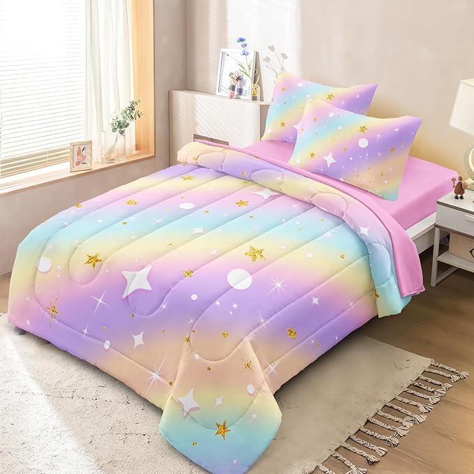 5 Pcs Full Bedding Sets for Girls, Pink Glitter Rainbow Bed in A Bag Full Size Bed Set, Stars Galaxy Bedding Comforter Set for Girls