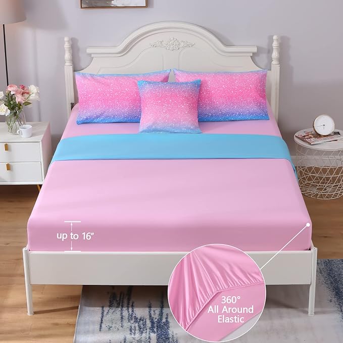6Pcs Glitter Comforter Set with Sheets for Teens Girls Kids, Colorful Gradient Glitter Themed Bed in a Bag Full Size, Pink Teal 3D Sparkly Galaxy Bedroom Decor Bedding Set
