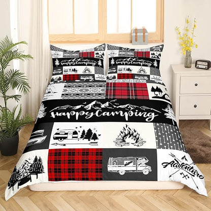 Camping Camper Duvet Cover Queen Size,RV Inside Decor Rustic Patchwork Duvet Cover Set for Children Adult,Farmhouse Lodge Hunting Red Checkered Soft Comforter Cover for Dorm Room, Zipper, Ties