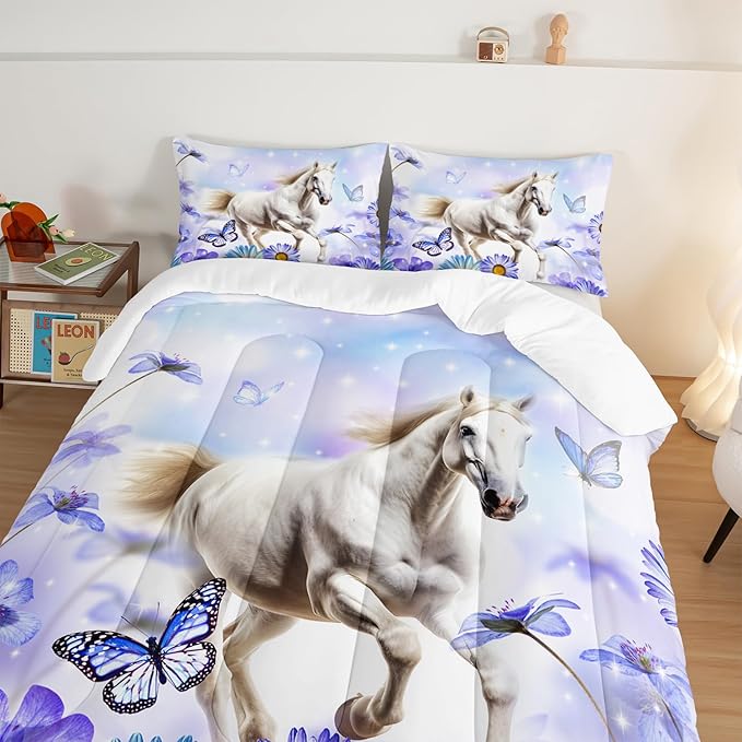 Horse Comforter 3 Piece Bedding Set,Full Size Comforter Sets for Girls Boys Room Decor,Floral Butterfly Comforter Sets with 2 Pillowcases,Soft Lightweight Bedding Set for All Seasons.