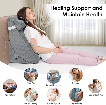Bed Wedge Pillow for Sleeping, 3PCS Wedge Pillow Set for After Surgery, Adjustable 7 &12 inch Pillow Wedges for Acid Reflux Relief, Back Pain Relief, Sleep Apnea, Sitting Up, Headboard (Grey)