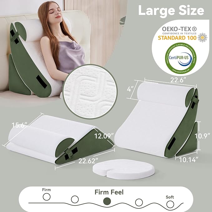 Wedge Pillow Set for After Surgery, 6 PCS Bed Wedge Pillow for Sleeping, Memory Foam Orthopedic Back Pillow for Pain Relief and Acid Reflux, Adjustable Post Surgery Pillow Green