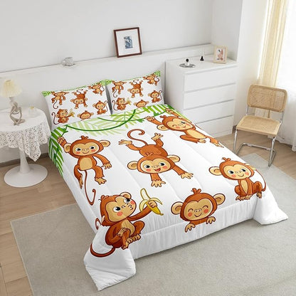 Feelyou Kids Cute Monkeys Bedding Set Cartoon Monkey Banana Decor Comforter for Kids Boys Girls Wild Animal Pattern Comforter Set Natural Wildlife Quilt Set Bedroom Collection 3Pcs Queen Size