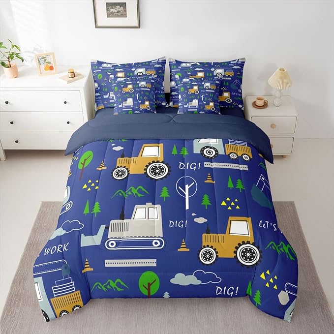 Feelyou Construction Comforter Set King Size 7 Pieces Equipment Trucks Bedding Set Kids Boys Excavator Tractor Bed in a Bag with Comforter, Sheets Construction Vehicles Blue Yellow Quilted