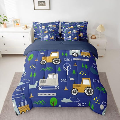 Feelyou Construction Comforter Set King Size 7 Pieces Equipment Trucks Bedding Set Kids Boys Excavator Tractor Bed in a Bag with Comforter, Sheets Construction Vehicles Blue Yellow Quilted