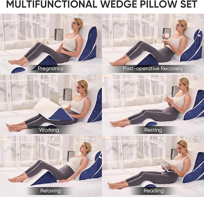 4 PCS Wedge Pillow Set for After Surgery, Memory Foam Orthopedic Bed Wedge Pillow Set, Adjustable Bed for Sleeping, Acid Reflux Relief, Post Surgery Recovery, Back Support, Leg Elevation, Blue