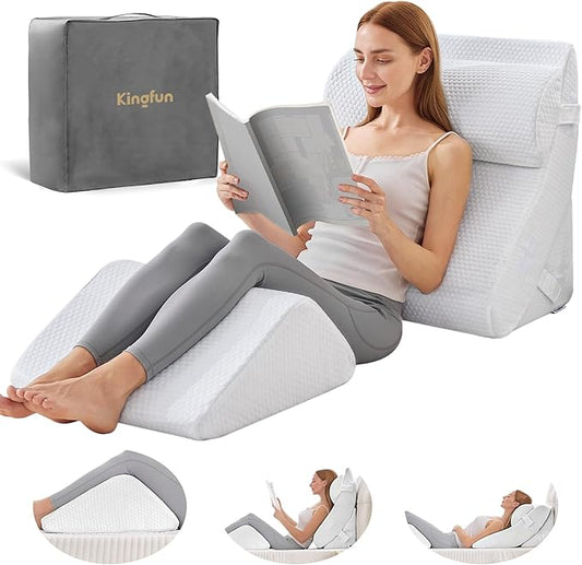 Kingfun 4pcs Orthopedic Bed Wedge Pillow Set for Sleeping, Memory Foam for Sleeping,Breathable Triangle Pillow Wedge, Post Surgery Memory Foam Wedge Pillow for Back, Leg Pain Relief, Sitting