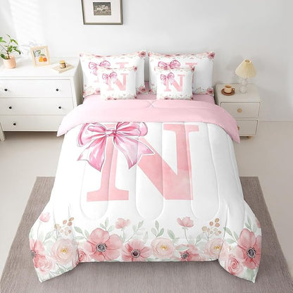 Erosebridal Initial Letter N Bed in A Bag King Size for Women Teen Girls Pink Alphabet Kids Bedding Sets Romantic Dreamy Bowknot Bed Set Bedroom Decor Spring Fresh Style Comforter Set with Sheets