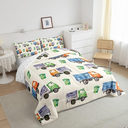 Erosebridal Garbage Trucks Comforter Set Queen 3Pcs Retro Watercolor Garbage and Trash Truck Bedding for Boys Girls Refuse Classification Trash Vehicles Duvet Set with 2 Pillow Cases