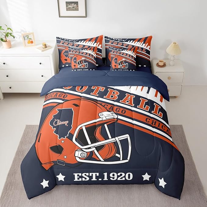 American Football City Helmet Bedding Sets King, 3D Sports Football Game Comforter Orange Navy Football Comforter + Flat Sheet + Fitted Sheet + 2 Pillowcases + 2 Throw Pillow Covers (Chicago)