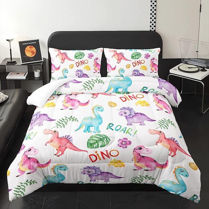 Cartoon Dinosaur Comforter Set Full 3Pc Kawaii Dinosaur Bedding Set All Season with Tree, Leaf Decoration Includes 1 Comforter, 2 Pillowcases for Kids Girls Teens
