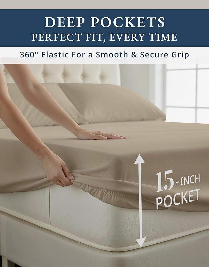 100% Egyptian Cotton Sheets King Size– Silky Sateen Weave for All Season Comfort, 15" Deep Pocket King Sheet Set, OEKO-TEX Certified, Fade Resistant, Durable Hotel Comfort at Home -Swiss Dot Taupe