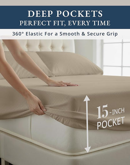 100% Egyptian Cotton Sheets King Size– Silky Sateen Weave for All Season Comfort, 15" Deep Pocket King Sheet Set, OEKO-TEX Certified, Fade Resistant, Durable Hotel Comfort at Home -Swiss Dot Taupe