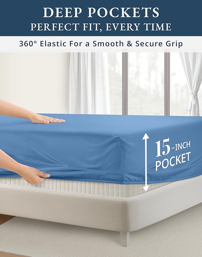 LANE LINEN 100% Egyptian Cotton Bed Sheets Queen Size, Long Staple Soft & Comfy Sateen Weave No Pill Fade Resistant Machine wash 15" Deep Pocket Queen Sheets - Blue Jasper
