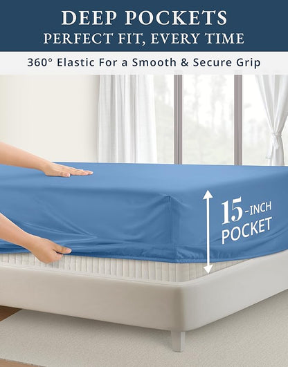 LANE LINEN 100% Egyptian Cotton Bed Sheets Queen Size, Long Staple Soft & Comfy Sateen Weave No Pill Fade Resistant Machine wash 15" Deep Pocket Queen Sheets - Blue Jasper