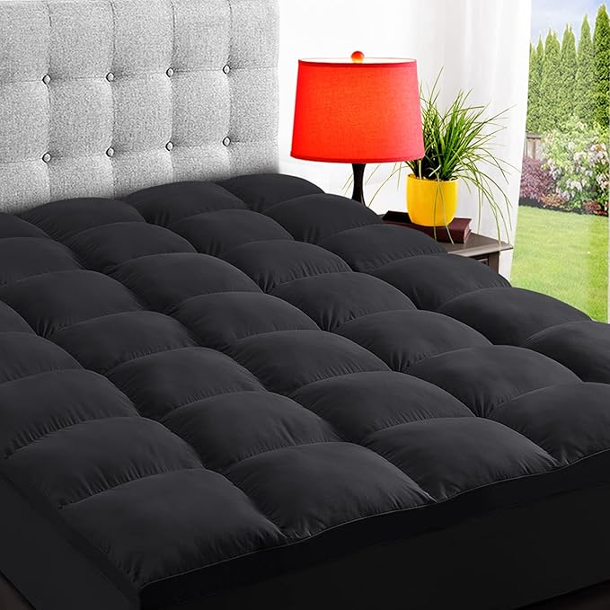 ELEMUSE Full Black Mattress Topper for Back Pain, Extra Thick Mattress Pad Cover, Plush Soft Pillowtop with Elastic Deep Pocket, Overfilled Down Alternative Filling