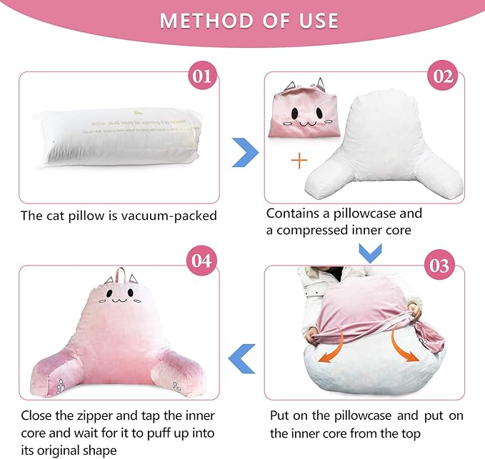 SUNSIDE Reading Pillow for Sitting in Bed, Cute Back Pillows for Adult, Shredded Memory Foam Bed Rest with Arms, Cat Design Bed Pillow, Relaxing, Watching TV, Gaming