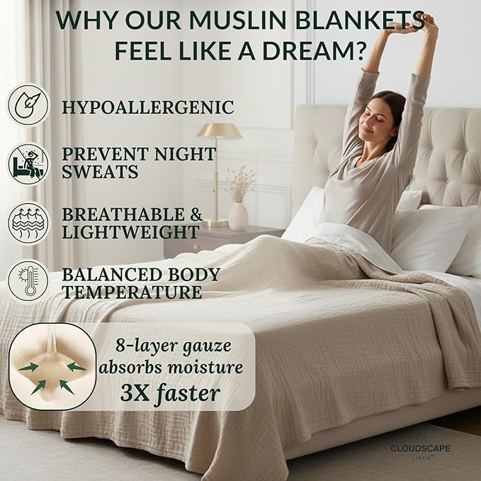 Cloud Scape Linen 8-Layer Muslin Blanket King Size for Adult - 100% Cotton, Breathable and Soft, Perfect Winter Cozy Blanket, Fits up to California King Bed, 92x108, Fog