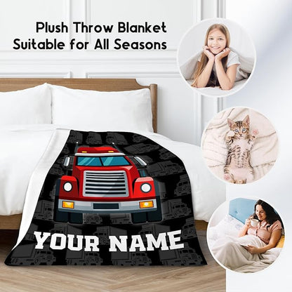 Personalized Truck Blanket, Cozy Soft Throw Gifts for Kids, Cute Black Flannel Throw Blankets for Bed Travel, 50x60 Inches