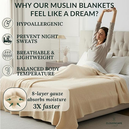 Cloud Scape Linen 8-Layer Muslin Blanket King Size for Adult - 100% Cotton, Breathable and Soft, Perfect Winter Cozy Blanket, Fits up to California King Bed, 92x108, Ivory
