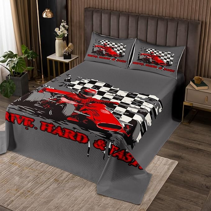 Erosebridal Sports Car Bedspread Speed Vehicles Coverlet Set for Adults Child Teens,Plaid Lattice Bedding Set Dirt Bike Hobby Activity Quilt Set Kids Car Theme Room Decor King Size Red Grey