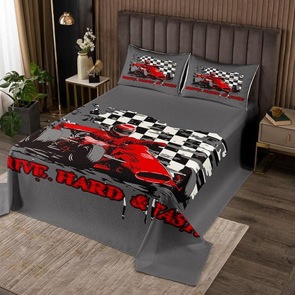 Erosebridal Sports Car Bedspread Speed Vehicles Coverlet Set for Adults Child Teens,Plaid Lattice Bedding Set Dirt Bike Hobby Activity Quilt Set Kids Car Theme Room Decor King Size Red Grey