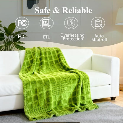 Heated Blanket Electric Throw, 50"X60" Heating Blanket Waffle with 12 Heat Levels, Fast Heating Blanket with 1-12H Timer, Overheat Protection with ETL & FCC for Bed Home Office Sofa (Tender Green）