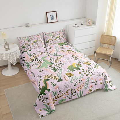 Lovely Dino Kids Full Size Reversible Comforter Set,Kawaii Green Dinosaur Bedding Comforters Bedroom Collection,Cartoon Wildlife Floral Leaves Plant Polyester Bedding Set for Girls Teens,Pink
